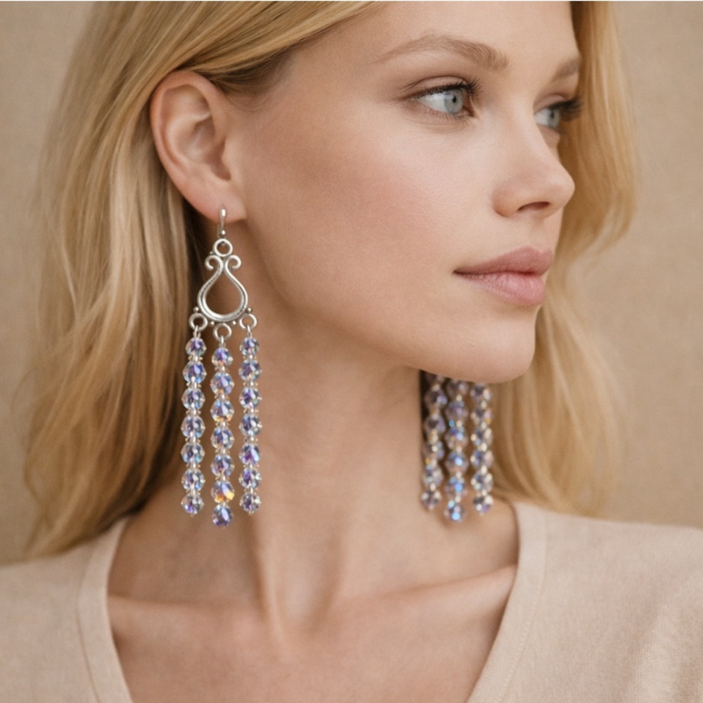 Crystal AB Multi-Strand Chandelier Earrings – Iridescent Aurora Borealis Beads